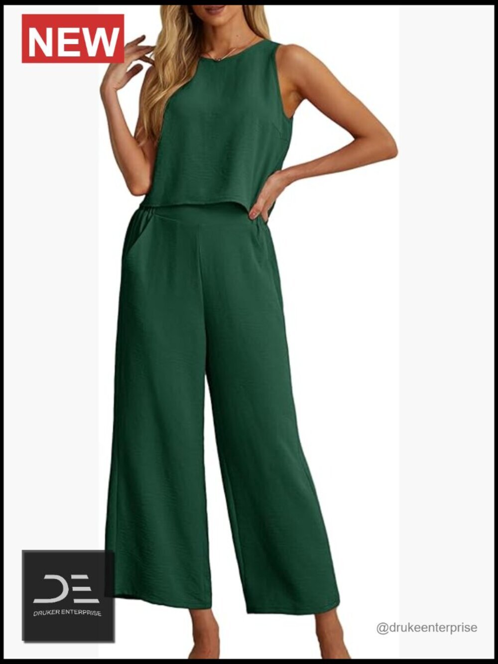 Women's 2 Piece Outfit Set - Sleeveless Crop Top & Wide Leg Pants with Pockets,